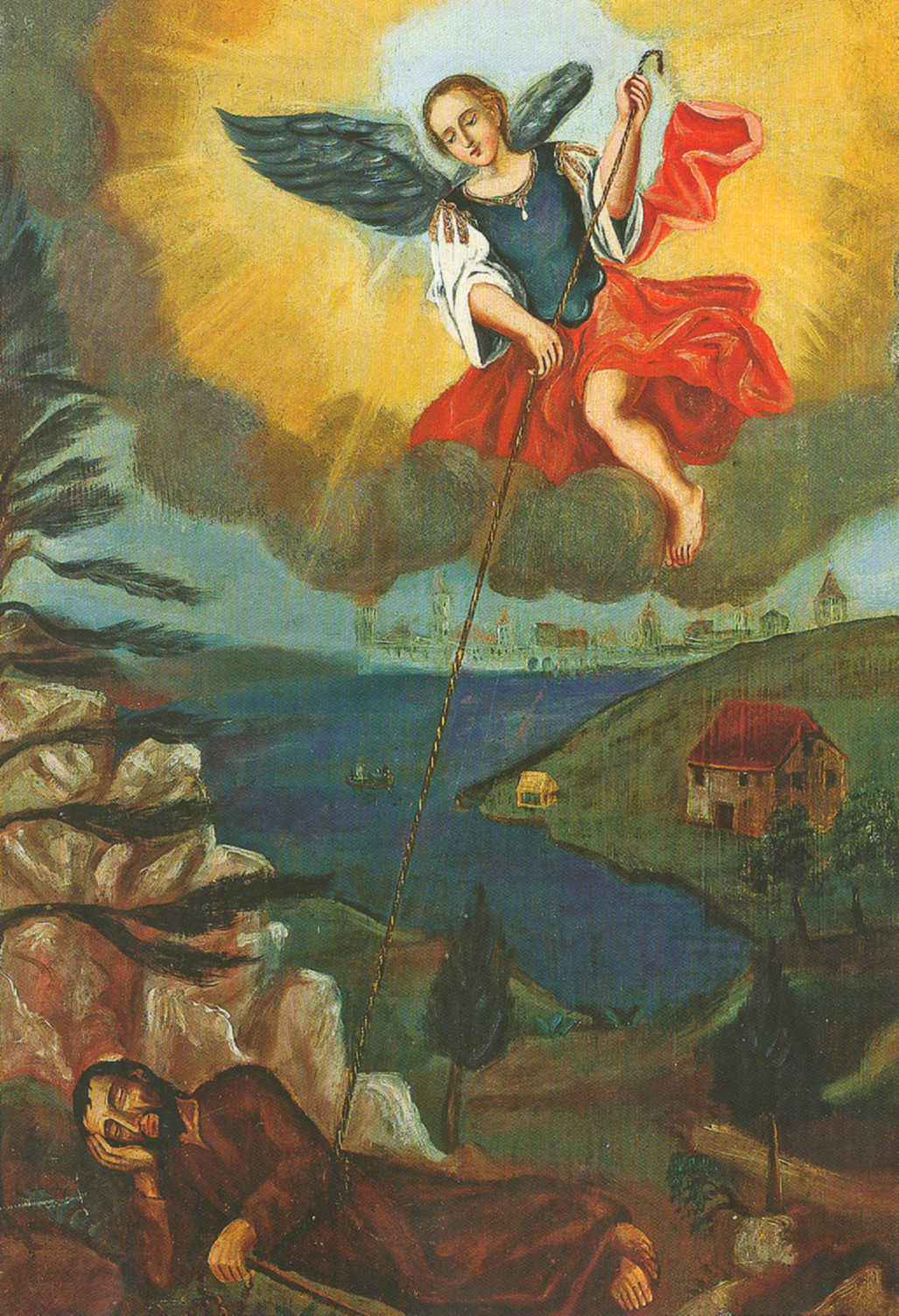 Balz Haymann: Vor Waldenburg durchsticht ein Engel Nikolaus' Leib mit einem Lichtstrahl, 1821, in der oberen Kapelle im Flüeli-Ranft 