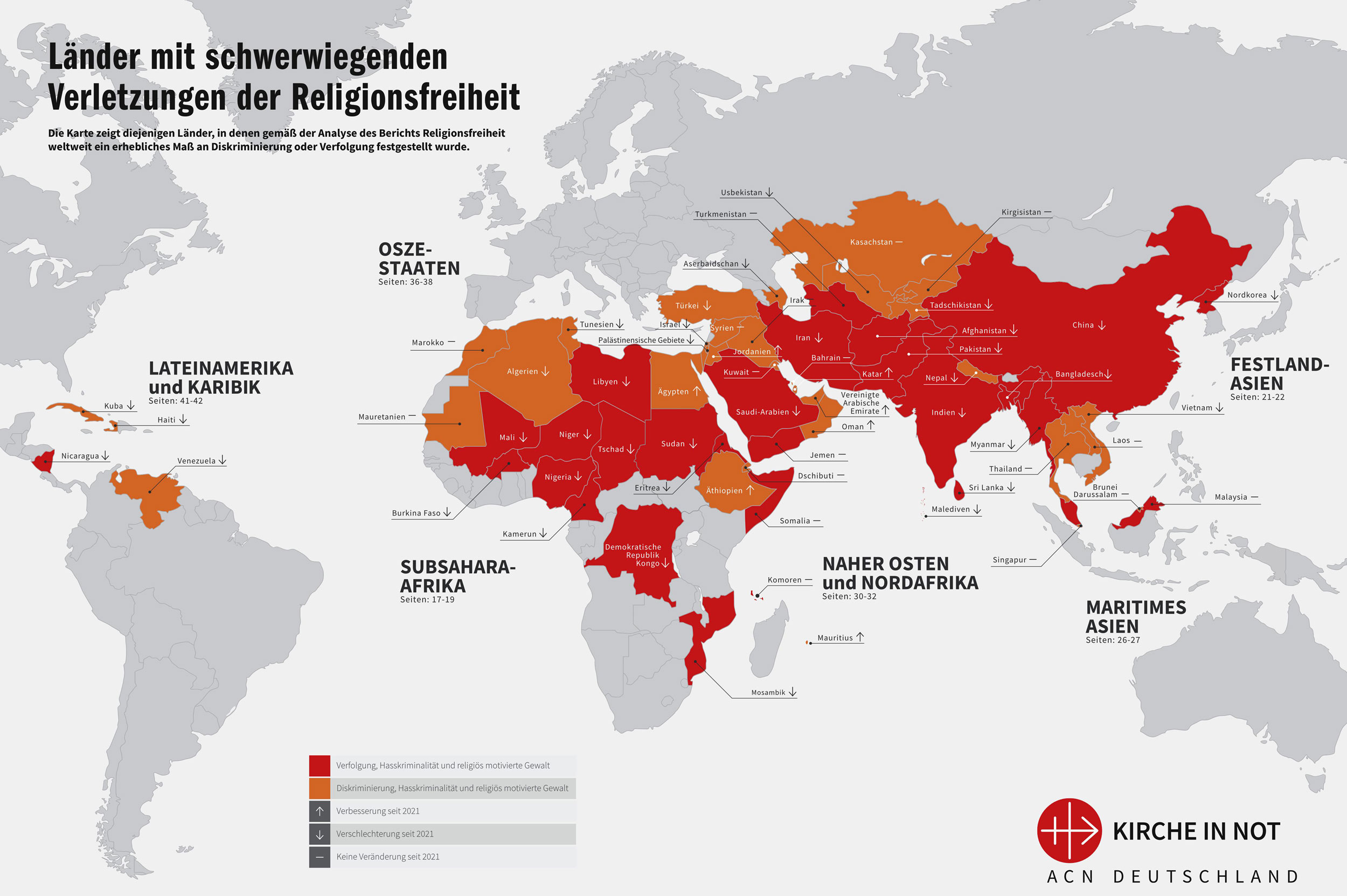 Weltkarte aus dem Bericht „Religionsfreiheit weltweit 2023“: Länder mit schwerwiegenden Verletzungen der Religionsfreiheit. 