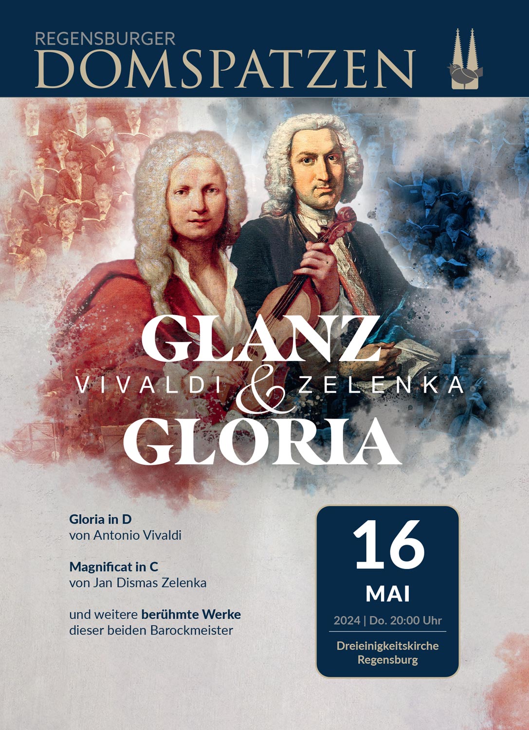 Plakat zum Konzert Glanz und Gloria mit barocken Gestalten vornedrauf