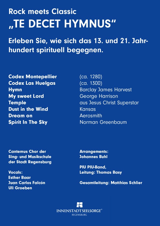 Blaues Plakat mit weißem Text, Details zur Rock-meets-Classic Veranstaltung