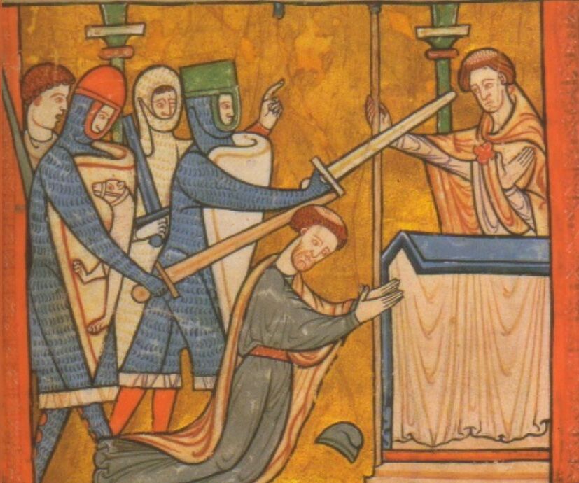 Buchmalerei, Ende des 12. Jahrhunderts: Thomas' Martyrium vor dem Altar in der Kathedrale von Canterbury 