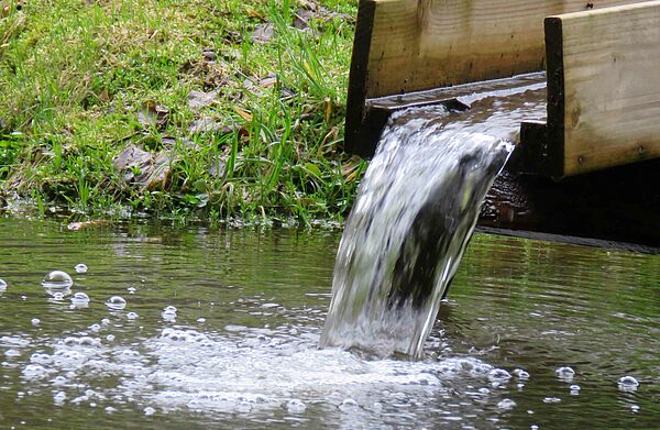 Wasser fließt aus einem Holzkanal in einen Teich