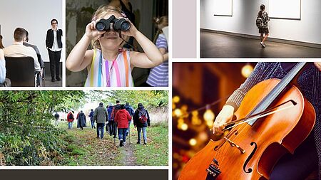 Collage: Tagung - Museum für Kinder - Kunstausstellung - Wanderung - Konzert mit klassischer Musik