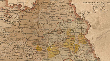 Historische Karte von Bayern zur Übersicht der territorialen Entwicklung von 1180 bis jetzt, Ausschnitt