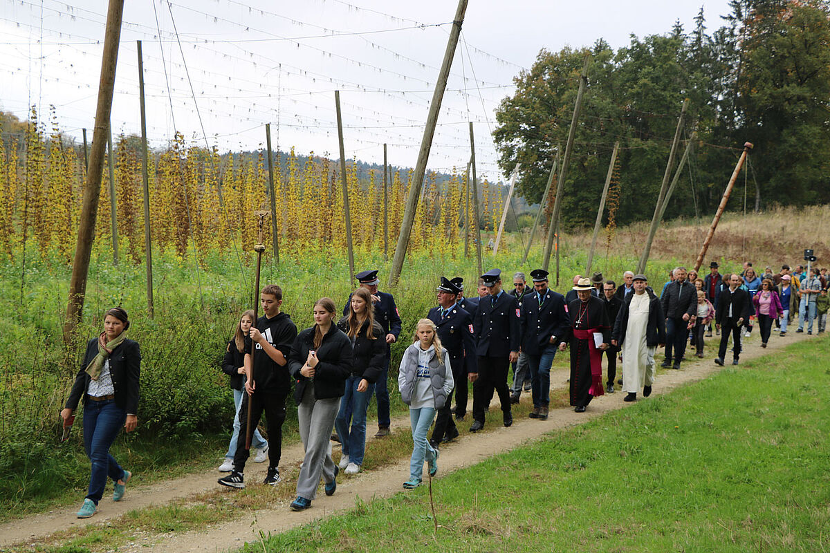 Pilger gehen entlang eines Hopfengartens