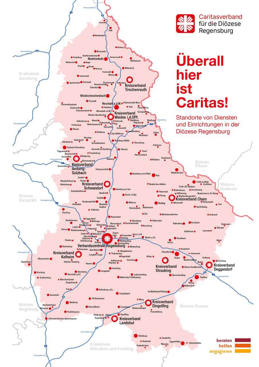Landkarte mit Standorten der Caritas im Bistum